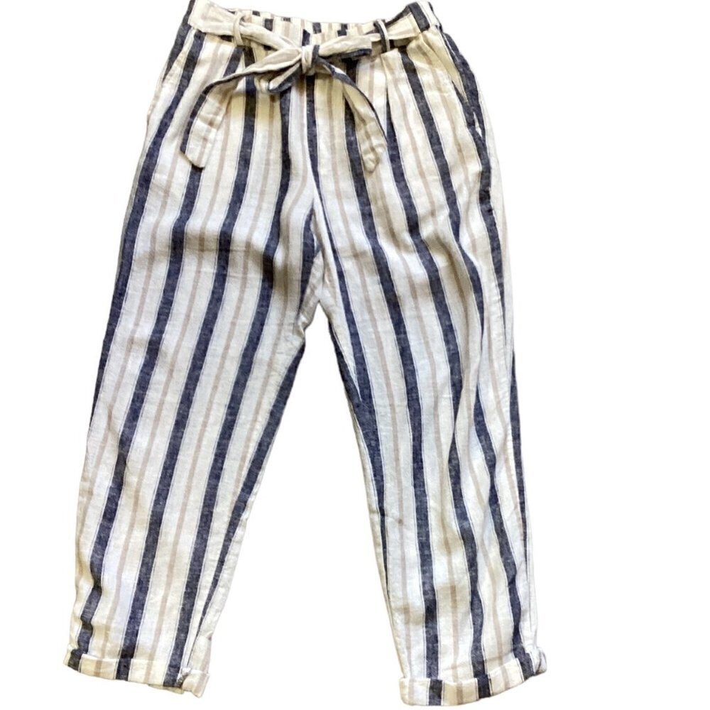 Love Tree Striped Cropped‎ Linen Viscose Belted Pants S 144A